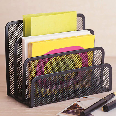 VANRA 2 Small Letter Sorters, Desktop File Holder Organizer, Metal Mesh with 3 Vertical Upright Compartments (2 Black)