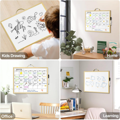 MaxGear Monthly Calendar Dry Erase Board, 16"x12" Hanging Whiteboard with Handle, Golden Aluminum Frame for Office