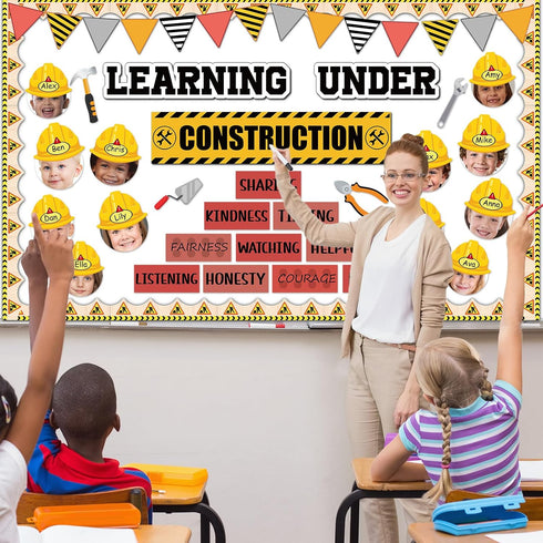 Set gisgfim Construction Bulletin Board Decorations Learning Under Construction Paper Cutouts DIY Photo Helmet