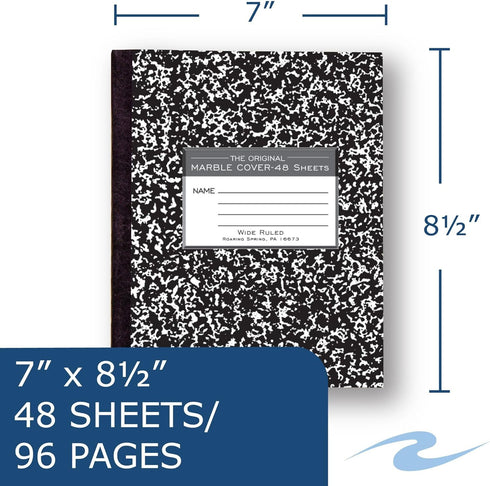 ROARING SPRING Wide Ruled Flexible Cover Composition Book, 8.5" x 7" 48 Sheets, Black Marble,77333