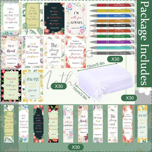 Sinmoe 120 Pcs Bible Gifts Set, 30 Bible Verses Bookmarks, 30 Scripture Pens, 30 Notebooks, 30 Organza Bags