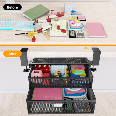 Under Desk Drawer Organizer, No Drill Metal Storage Drawer Container with 2 Slide Out Cabinets for Home and Office