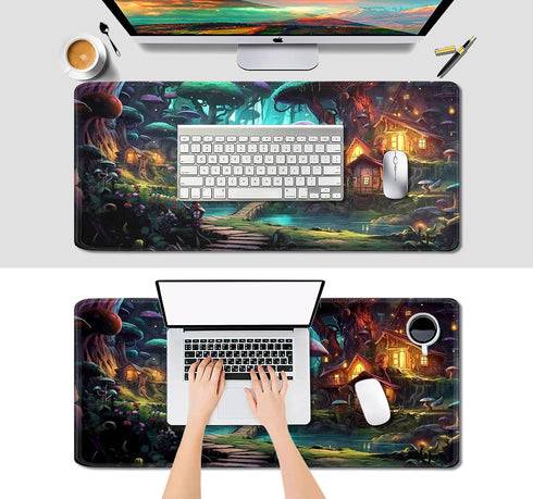 IMAYONDIA (35.4x15.7 Mushroom Anime Desk Mat in), Fairy Forest Large Gaming Mouse Pad for Laptop Computer, Tabletop