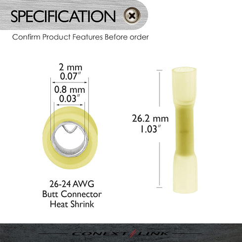 Conext Link BCHS-W25 Heat Shrink Butt Connector 25 Pack (26-24 Gauge, Yellow)