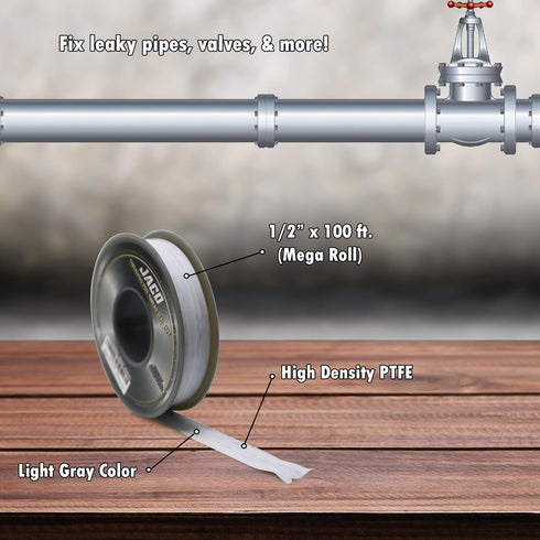 JACO ThreadPro PTFE Thread Seal Tape, 1/2" x 100 ft. (Mega Roll) | Professional-Grade Sealant (Cool Gray)