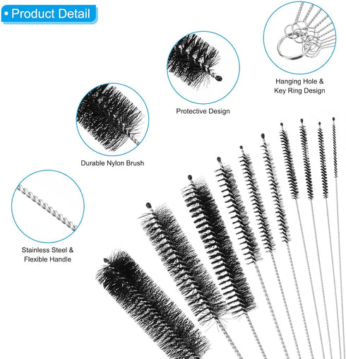 PATIKIL 8.3" Straw Cleaner Brush Set, 10 Different Diameter Stainless Steel Nylon Pipe Wire Cleaning Brush for Lab