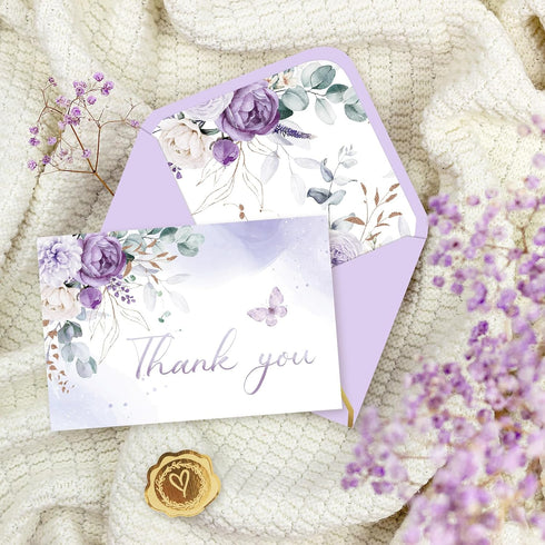50 Pack 4 6 Inch Whaline Spring Purple Floral Thank You Card Lavender Flower Greeting Card with Envelope Sticker Blank