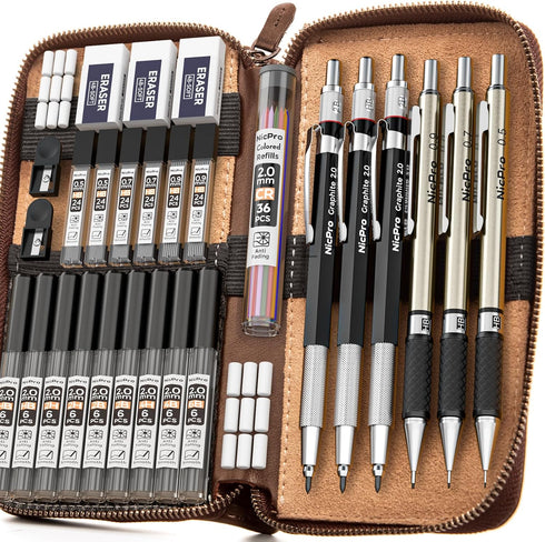 Nicpro 29PCS Art Mechanical Pencil Set in Leather Case, Metal Drafting Pencil with Lead Holders