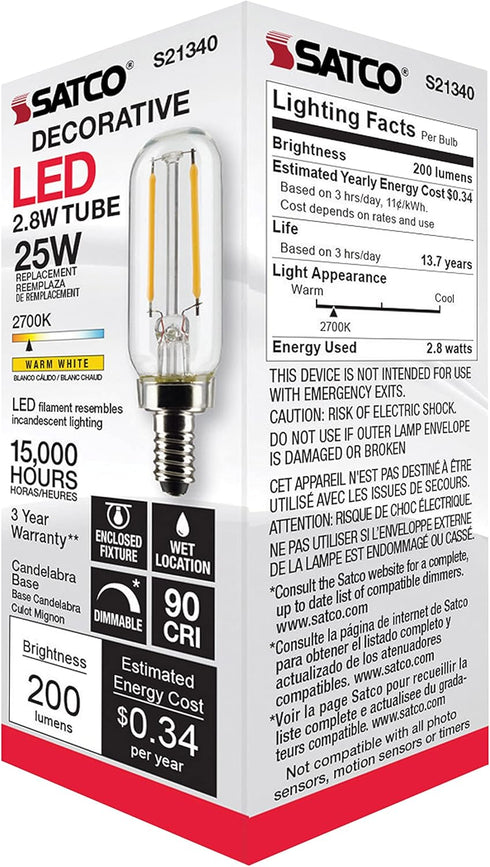 Satco S21340/06 2.8-Watt E12 Bulbs, 2700K, 15000 Dimmable, 6 Pack LED Light Hour Rating