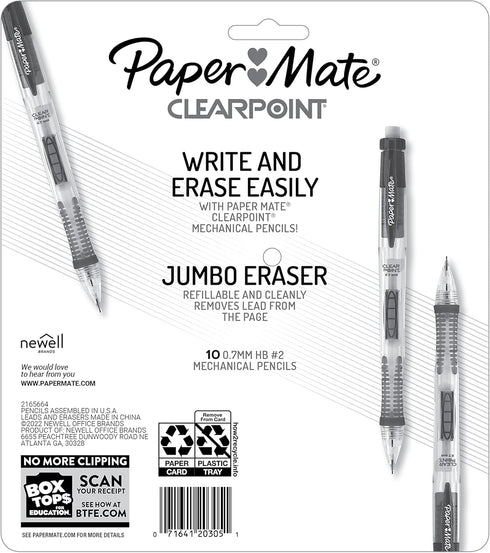 Paper Mate Clearpoint Mechanical Pencils, 0.7mm HB #2 Pencil Lead, 2 Pencils, 10 Count, Assorted Barrel Colors