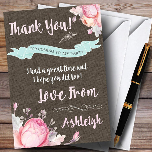 The Card Zoo Pretty Floral Burlap Girls Party Thank You Cards