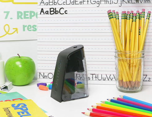 Bostitch Office Battery Pencil Sharpener, Hinged Tray, Colored Pencil Compatible, Black (BPS2-BLACK) and Blue
