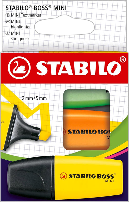 STABILO BOSS Mini Highlighter Set, 3-Color, Yellow, Orange, Green