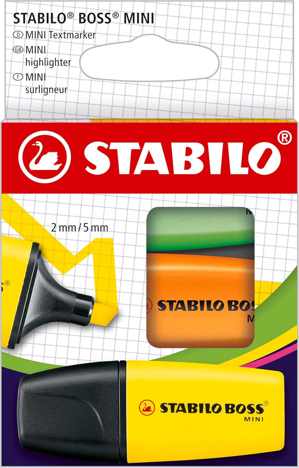 STABILO BOSS Mini Highlighter Set, 3-Color, Yellow, Orange, Green