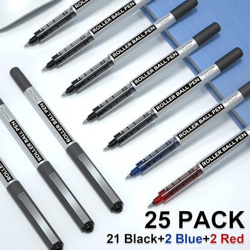 Shuttle Art 25 Pack RollerBall Pens (21 Black 2 Blue 2 Red) Fine Point 0.5mm Liquid Ink for Writing Journaling