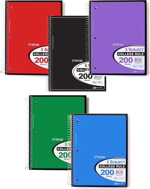 Top Flight 5-Subject Wirebound Notebook, 200 Sheets, College Rule, 10.5 x 8 Inches, Color May Vary