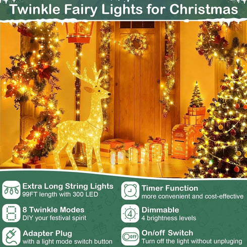 99ft 300 in/8 Super Long LED String Lights LEDs Fairy String Lights with Switch/Timer, Indoor/Outdoor Copper String