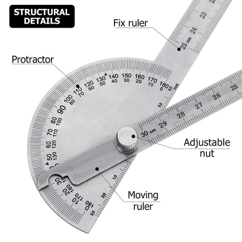 Outus Angle Protractor - Two Arm Stainless Steel Ruler for Woodworking, Angle Measure Tool with 0-180 Degrees
