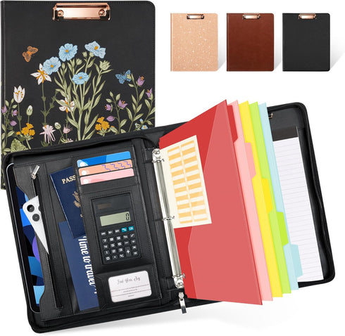 Ospelelf Leather Portfolio Folder with Zipper - 3 Ring Binder with Clipbard, 12.1” Tablet Sleeve, 5 Dividers, 10 Pockets