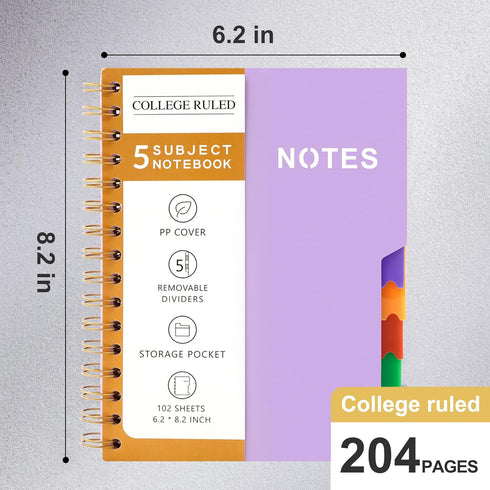 CAGIE 5 Subject Notebook College Ruled 6'' x 8'' Hardcover Spiral Lined Notebook with 5 Removable Colored Dividers 240 Pages Notebooks for Work, School Supplies, Home & Office, Writing Journal, Purple by CAGIE