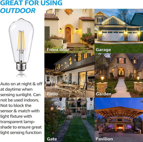 TORCHSTAR ST64 Dusk to Dawn Light Bulbs, Vintage LED Edison, 7W Equivalent 75W, Auto On/Off, E26 Base, Pack of 6