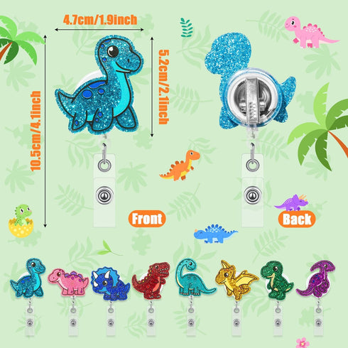 8 ANGOLIO Easter Dinosaur Badge Reel - Easter Spring Gift Funny Retractable Glitter Acrylic Cute Animal Badge Holders