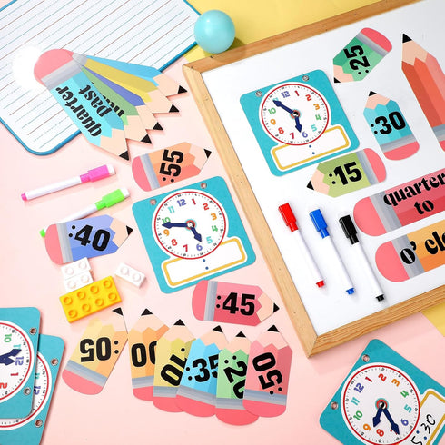 Yeaqee 31 Pcs Telling Time Bulletin Board, Analog Clock Practice with Dry Erase Pens for Home, Classroom