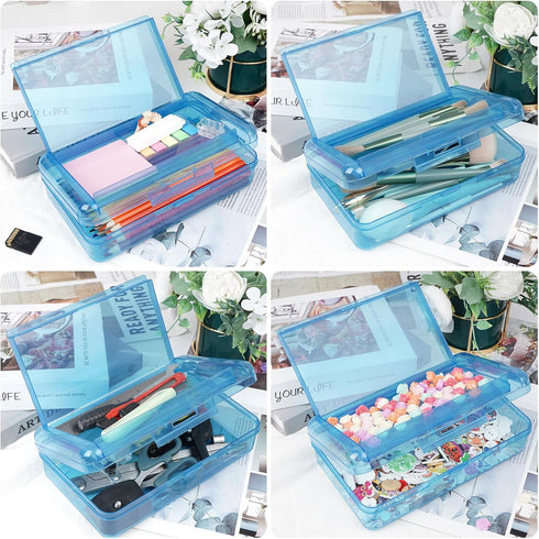 Large Capacity Plastic Pencil Box, Double Layer Pencil Case for Kids and Adults, Hard Crayon Box Storage (Blue)