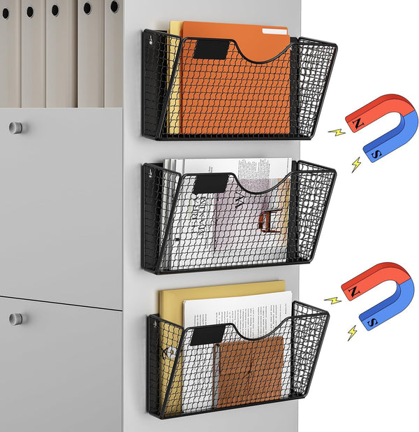 MFTEK Magnetic File Holder, 3 Pockets Wall File Folders, No Drilling Magnetic Paper Holder for Document and Mail
