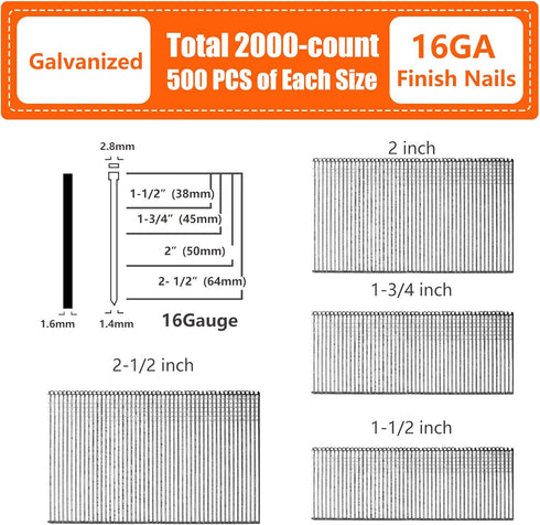 Straight Finish Nails, 16 Gauge, 2000-Pack (1-1/2", 1-3/4", 2", 2-1/2", 500 Per Size), Galvanized, Assorted Size Project Pack, for Pneumatic, Electric 16GA Straight Finish Nailer