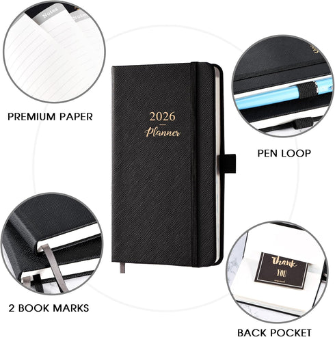 Pocket Planner 2026, Jan - Dec 2026, Weekly & Monthly Calendar, 6.3''×3.8'', Pen Loop, Back Pocket, Elastic Closure