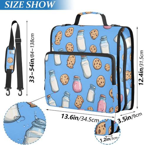 Fisyme 3 Cookies and Milk Cartoon Zipper Binder Ring with Zipper and Shoulder Strap Large Capacity Multi-Pocket Binder