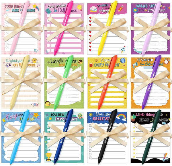 Yeaqee 12 Set Employee Appreciation Gifts - 12 Motivational Sticky Notepads, 12 Pens, 12 Ribbons for Office Supplies