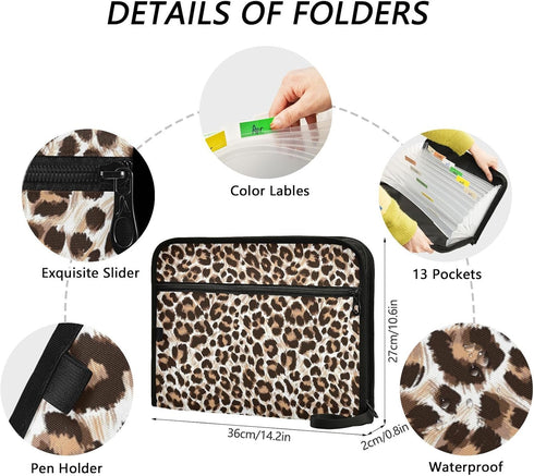 Leopard Cheetah Print Expanding File Folder, 13 Pockets Accordion Organizer, Sticky Labels, Zipper, A4 Document
