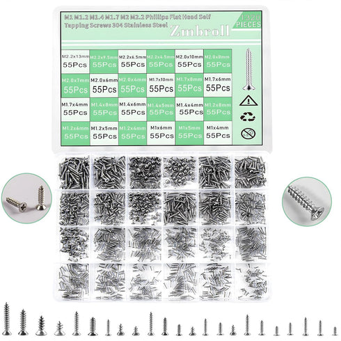 1320Pcs Flat Head Self Tapping Screws, 304 Stainless Steel Tiny Countersunk Cross Drive Head Micro Fastener Kit
