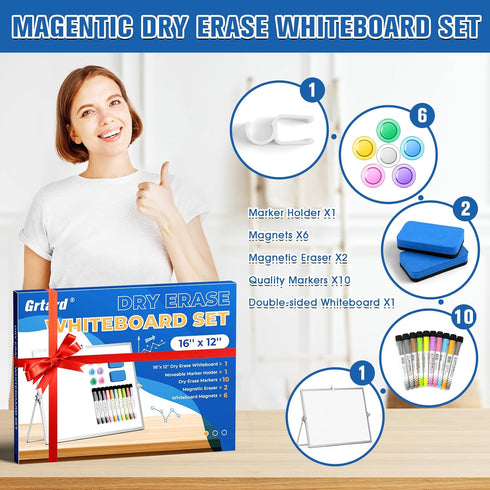 Grtard Dry Erase White Boards, 16'' x 12'' Magnetic Desktop Whiteboard with Stand,10 Markers, 6 Whiteboard Magnets, 2 Eraser, Portable Double-Sided White Board Easel for Kids Drawing to Do List School