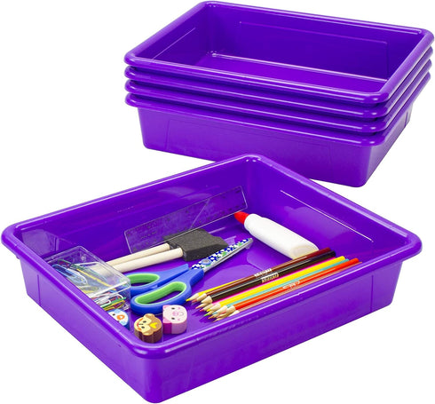 Storex Letter Size Flat Storage Tray – Organizer Bin with Non-Snap Lid, Violet, 5-Pack for Classroom, Office, Home