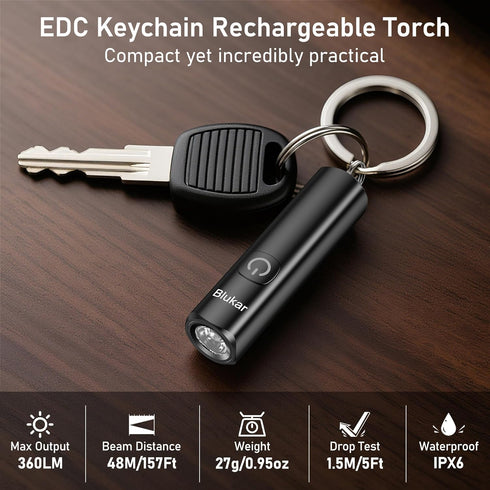 360L 3 Blukar Rechargeable EDC Flashlight, Mini Keychain Flash Light with Lighting Modes, Memory Function, Waterproof