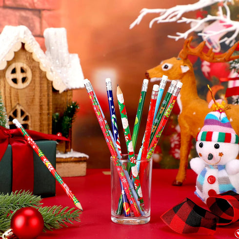 Outus 50 Pieces Christmas Holiday Wood Pencils with Eraser for Kids, 10 Styles, Xmas Classroom Party Favor Supply