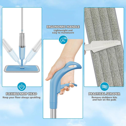 MEXERRIS Spray Mops Wet Mops for Floor Cleaning, Microfiber Dust Mop with Sprayer, 3X Washable Pads