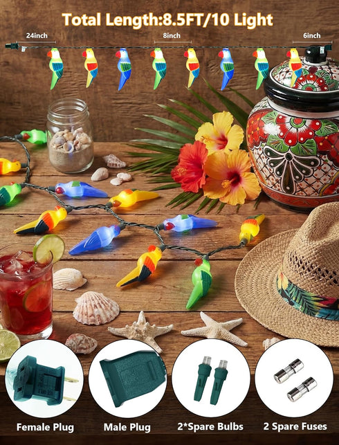Xingzd 8.5Ft 10 Summer Parrot Outdoor String Lights, LED Tropical Themed Patio Lights with Multicolor Birds Lights