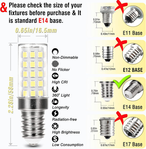 ALIDE E14 Bulbs 4W 40 Bulbs 0.65*2.28 inch,120V 220V, 6000K E14 Bulb Pendant,Non-dimmable,10 Pack LED Equal Watt