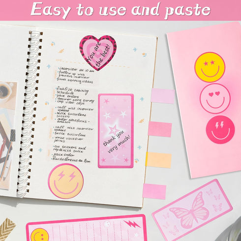 L1rabe Preppy Sticky Note Set, 550 Sheets Y2K Smile Face Self-Stick Notes Pads, Back to School Pink Sticky Notes for