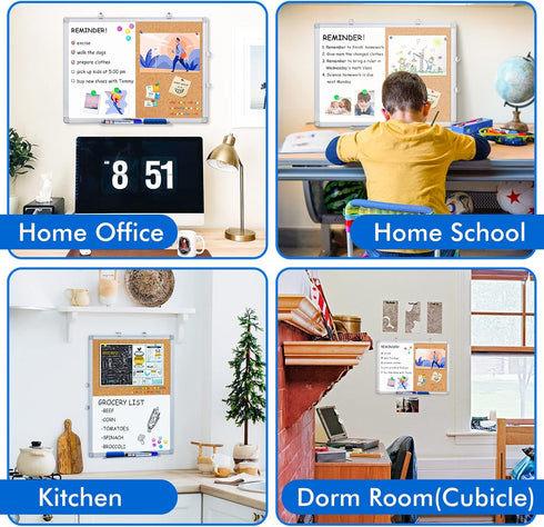 Magnetic White Board and Cork Board Combo, 24 x 18 Inches, Wall Mounted Dry Erase Bulletin Board for Home, School,