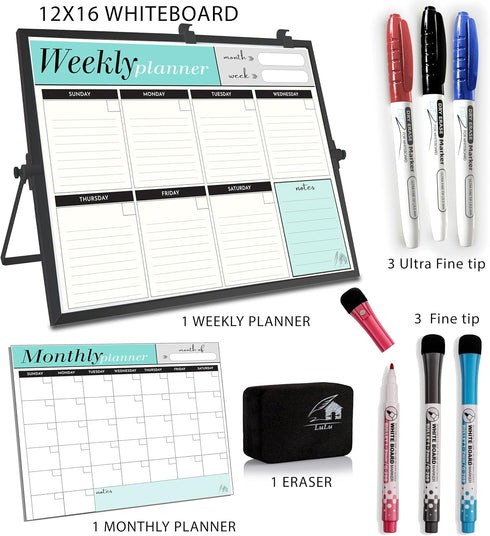Weekly Dry Erase Board - Black Frame Desktop Calendar White Board with Weekly & Monthly Planners, 12x16 inch