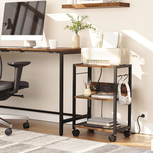 Industrial Printer Cart, 3-Tier Mobile Stand with Power Outlets and USB Ports for Office Use