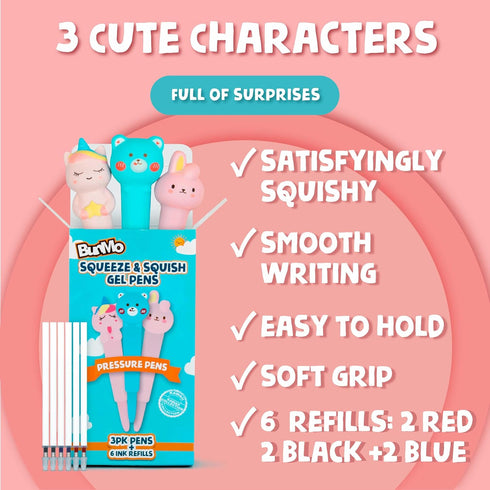 BUNMO Cute Pens - Squishy Fun Pens with Soft Grip & 6 Colorful Refills - Gifts for Tweens (3 Pack)