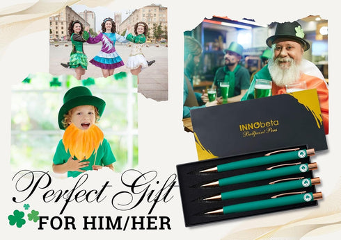 InnoBeta Irish Gifts for Women, Men, Teens, Ballpoint Pen Set of 4, Lucky Shamrock Theme Gifts for Friends