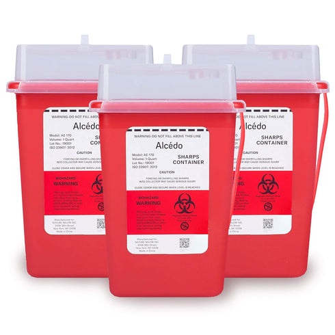 Alcedo Sharps Container for Home Use, 1 Quart (3-Pack), Biohazard Needle and Syringe Disposal, Portable