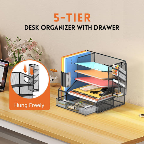 DALTACK Mesh Desk Organizer, 5-Tier Paper Letter Tray with File Holder, Pen Holder & Sliding Drawer for Office